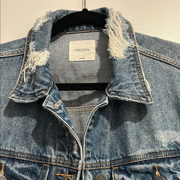 Hidden Distressed Blue Denim Jacket, Size Large - Picture 3 of 9